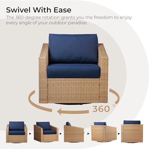 CHITA 5 Pieces Wicker Patio Furniture Set, Outdoor Conversation Set with 2 Pieces Rattan Swivel Chairs, 2 Pieces Ottomans, Thickened Cushions and Side