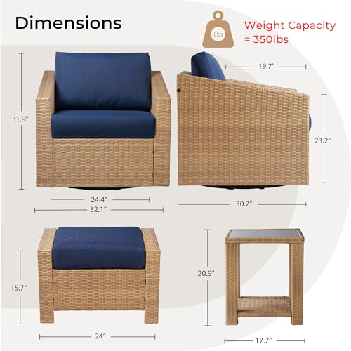CHITA 5 Pieces Wicker Patio Furniture Set, Outdoor Conversation Set with 2 Pieces Rattan Swivel Chairs, 2 Pieces Ottomans, Thickened Cushions and Side