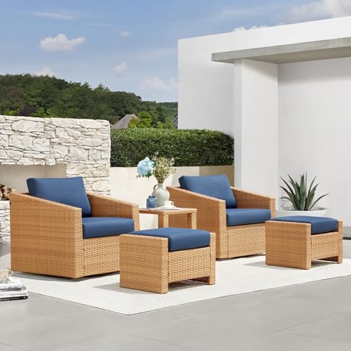 CHITA 5 Pieces Wicker Patio Furniture Set, Outdoor Conversation Set with 2 Pieces Rattan Swivel Chairs, 2 Pieces Ottomans, Thickened Cushions and Side