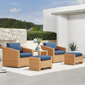 CHITA 5 Pieces Wicker Patio Furniture Set, Outdoor Conversation Set with 2 Pieces Rattan Swivel Chairs, 2 Pieces Ottomans, Thickened Cushions and Side