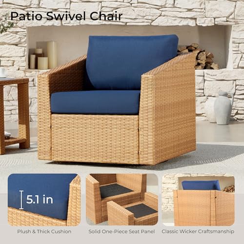 CHITA 5 Pieces Wicker Patio Furniture Set, Outdoor Conversation Set with 2 Pieces Rattan Swivel Chairs, 2 Pieces Ottomans, Thickened Cushions and Side