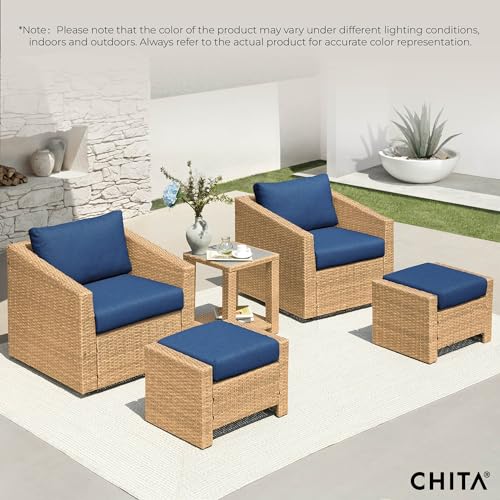 CHITA 5 Pieces Wicker Patio Furniture Set, Outdoor Conversation Set with 2 Pieces Rattan Swivel Chairs, 2 Pieces Ottomans, Thickened Cushions and Side