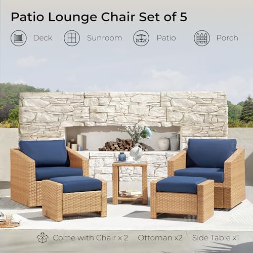CHITA 5 Pieces Wicker Patio Furniture Set, Outdoor Conversation Set with 2 Pieces Rattan Swivel Chairs, 2 Pieces Ottomans, Thickened Cushions and Side