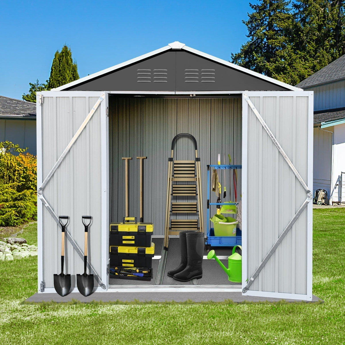 6' x 4' Outdoor Metal Storage Shed, Tools Storage Shed, Galvanized Steel Garden Shed with Lockable Doors, Outdoor Storage Shed for Backyard, Patio, La