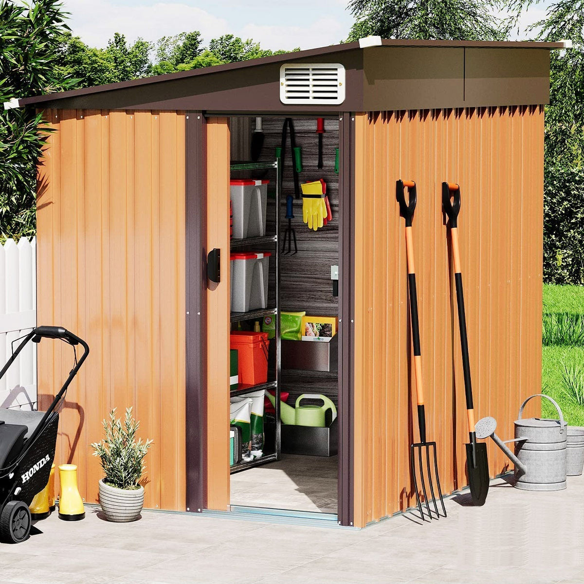7' x 5' Outdoor Metal Storage Shed Garden Shed with Lockable Doors and Vents, Tools Shed Bike Shed Pet House for Backyard, Patio, Lawn, Brown - Walmar