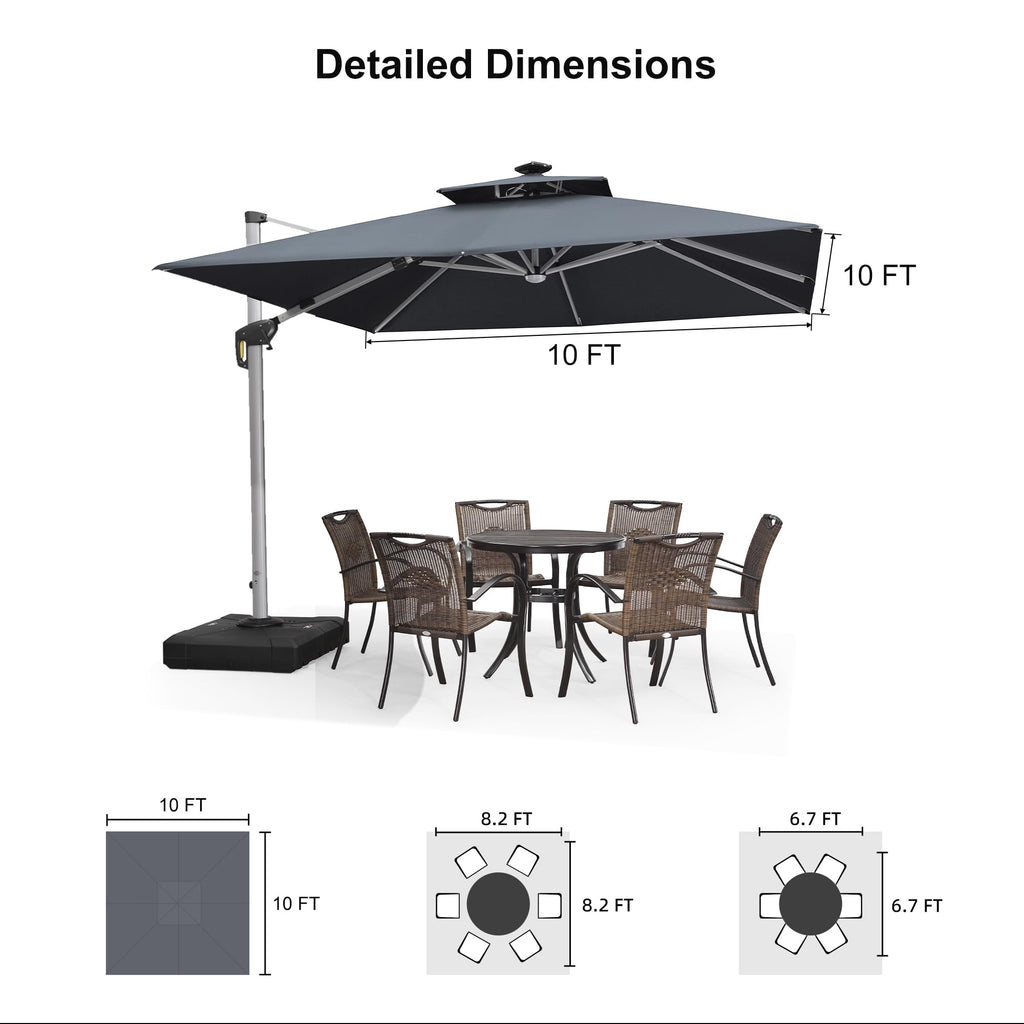PURPLE LEAF Double Top Deluxe Solar Powered LED Square Patio Umbrella Offset Hanging Umbrella Outdoor Market Umbrella Garden Umbrella,300 x 300 cm,Gre