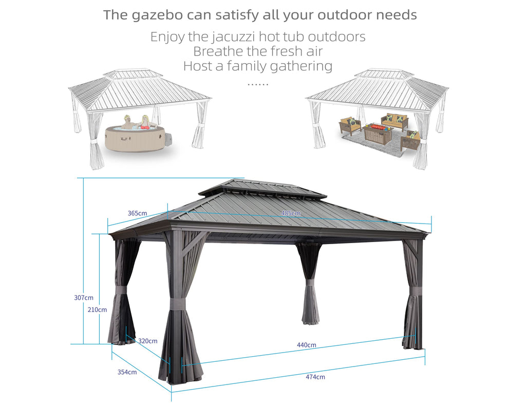 PURPLE LEAF Heavy Duty Garden Gazebo 3.65 x 4.85 m with Galvanised Steel Double Roof, Waterproof Metal Hardtop Gazebo with Side Curtain and Zipped Net