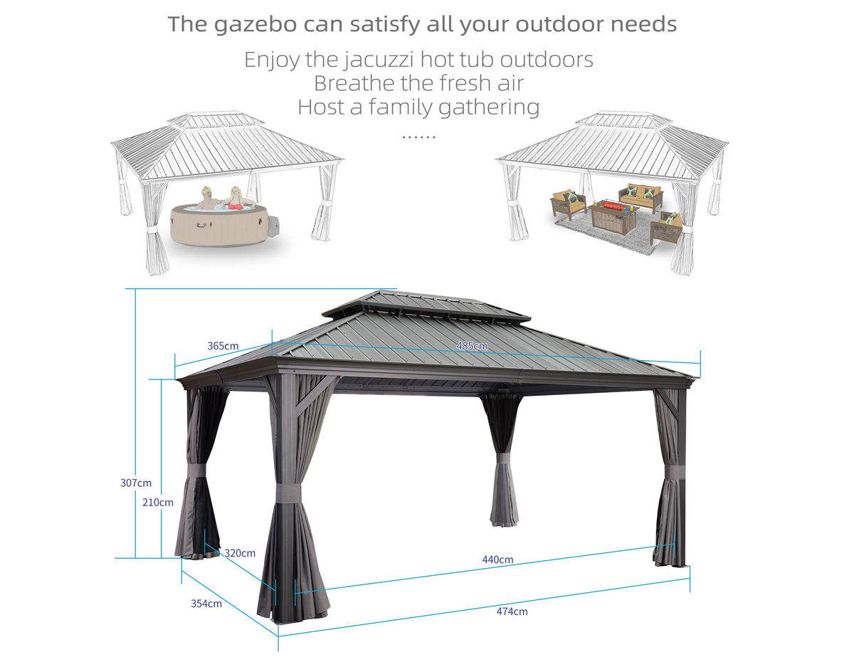 PURPLE LEAF Heavy Duty Garden Gazebo 3.65 x 4.85 m with Galvanised Steel Double Roof, Waterproof Metal Hardtop Gazebo with Side Curtain and Zipped Net