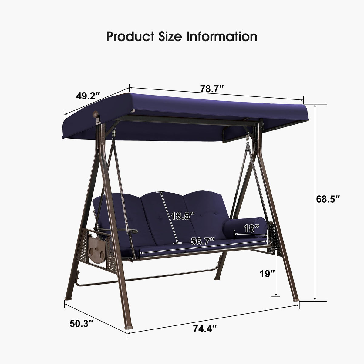 PURPLE LEAF 3-Seat Deluxe Outdoor Patio Porch Swing with Weather Resistant Steel Frame, Adjustable Tilt Canopy, Cushions and Pillow Included, Navy Blu