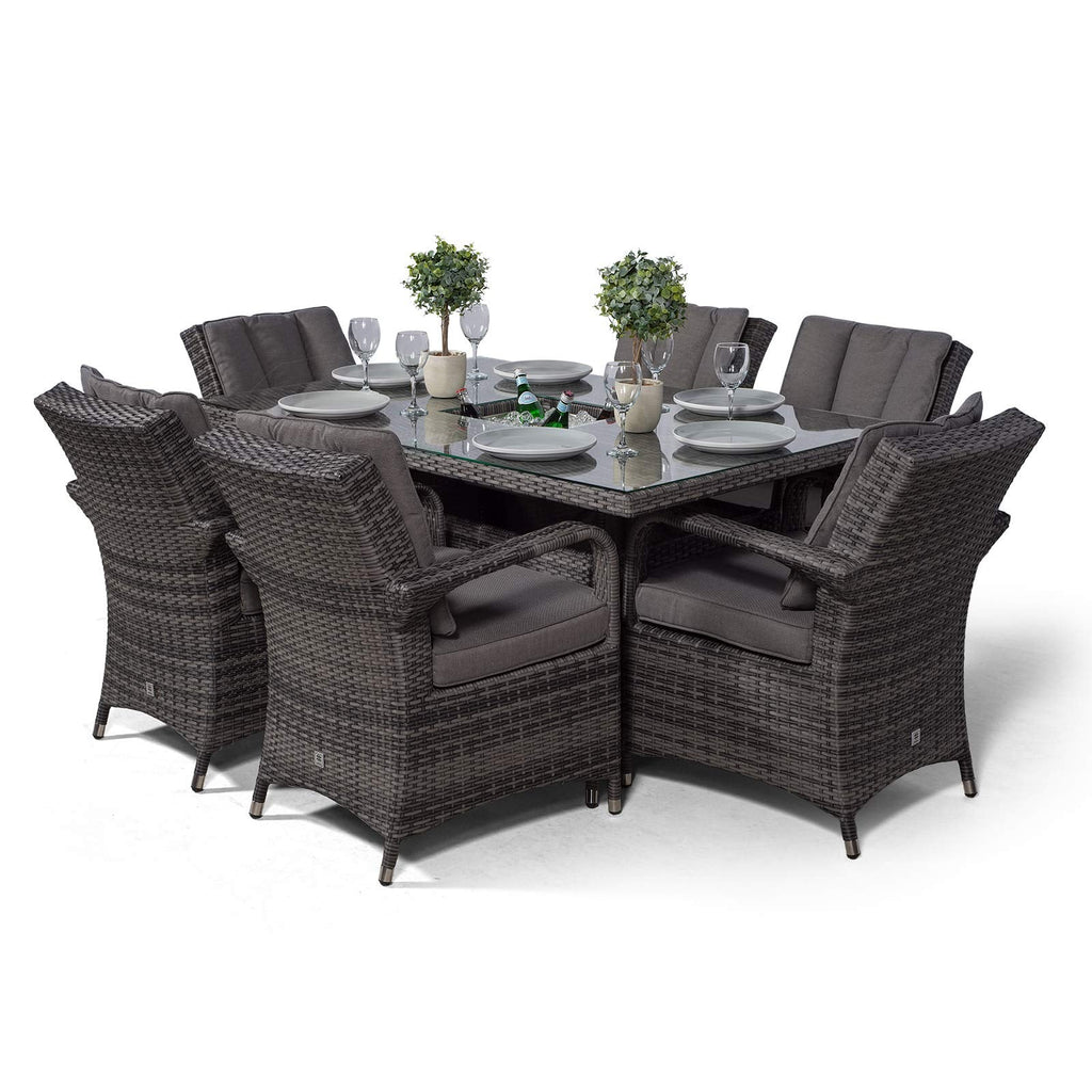 Arizona Rattan Dining Set | Luxury Rectangle 6 Seater Grey Rattan Table & Chairs Set with Ice Bucket Drinks Cooler | Outdoor Poly Rattan Garden Dining