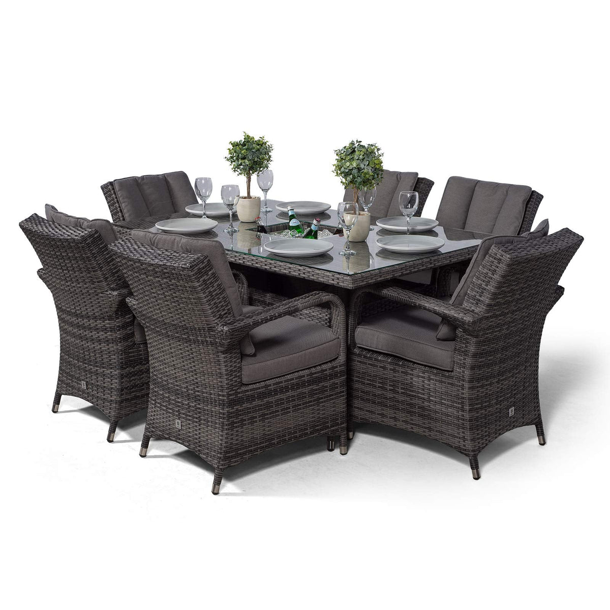 Arizona Rattan Dining Set | Luxury Rectangle 6 Seater Grey Rattan Table & Chairs Set with Ice Bucket Drinks Cooler | Outdoor Poly Rattan Garden Dining
