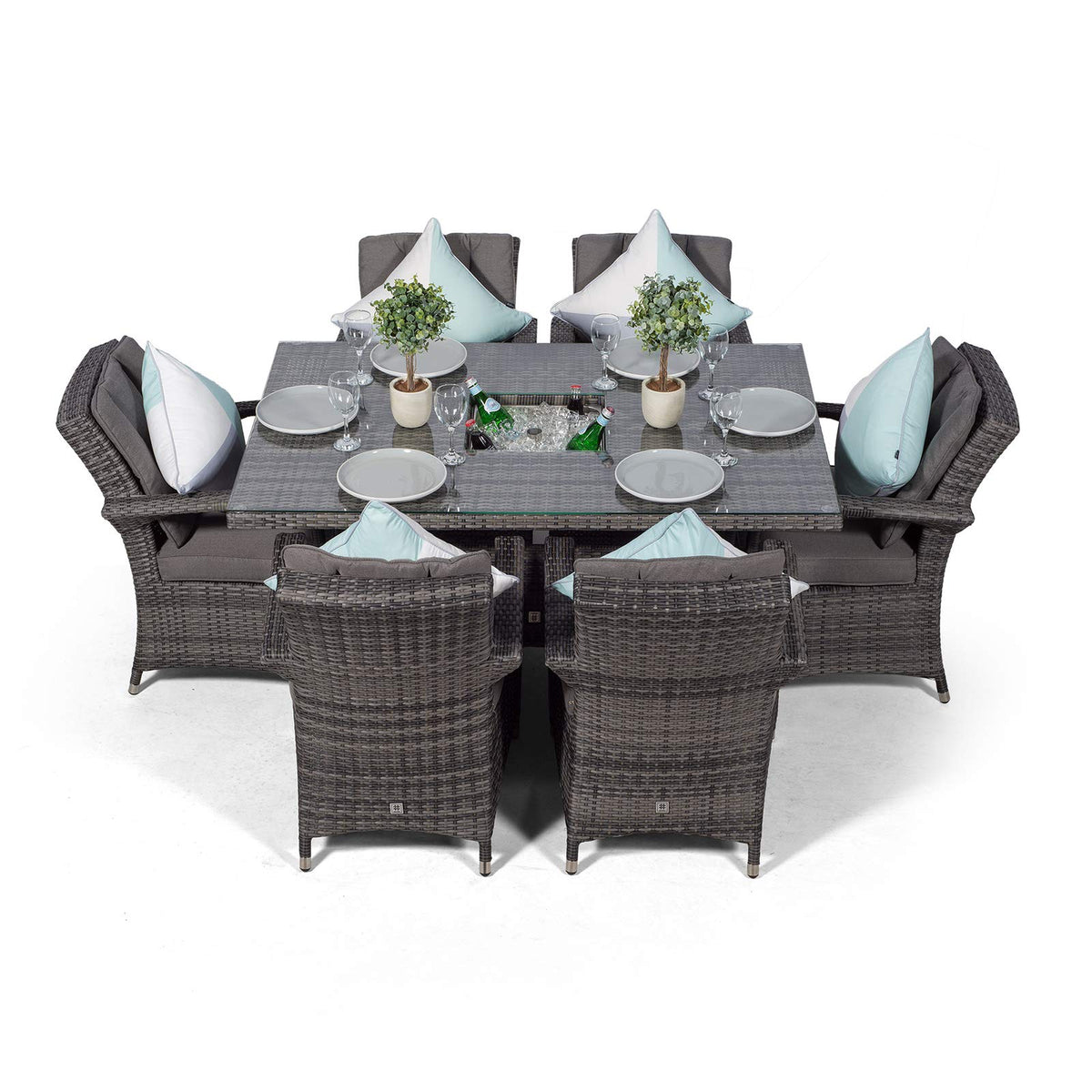 Arizona Rattan Dining Set | Luxury Rectangle 6 Seater Grey Rattan Table & Chairs Set with Ice Bucket Drinks Cooler | Outdoor Poly Rattan Garden Dining