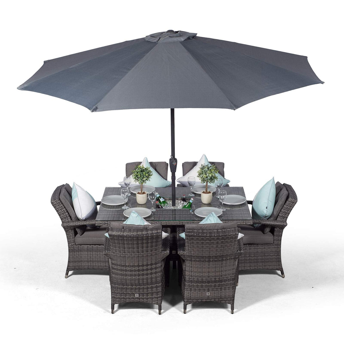Arizona Rattan Dining Set | Luxury Rectangle 6 Seater Grey Rattan Table & Chairs Set with Ice Bucket Drinks Cooler | Outdoor Poly Rattan Garden Dining