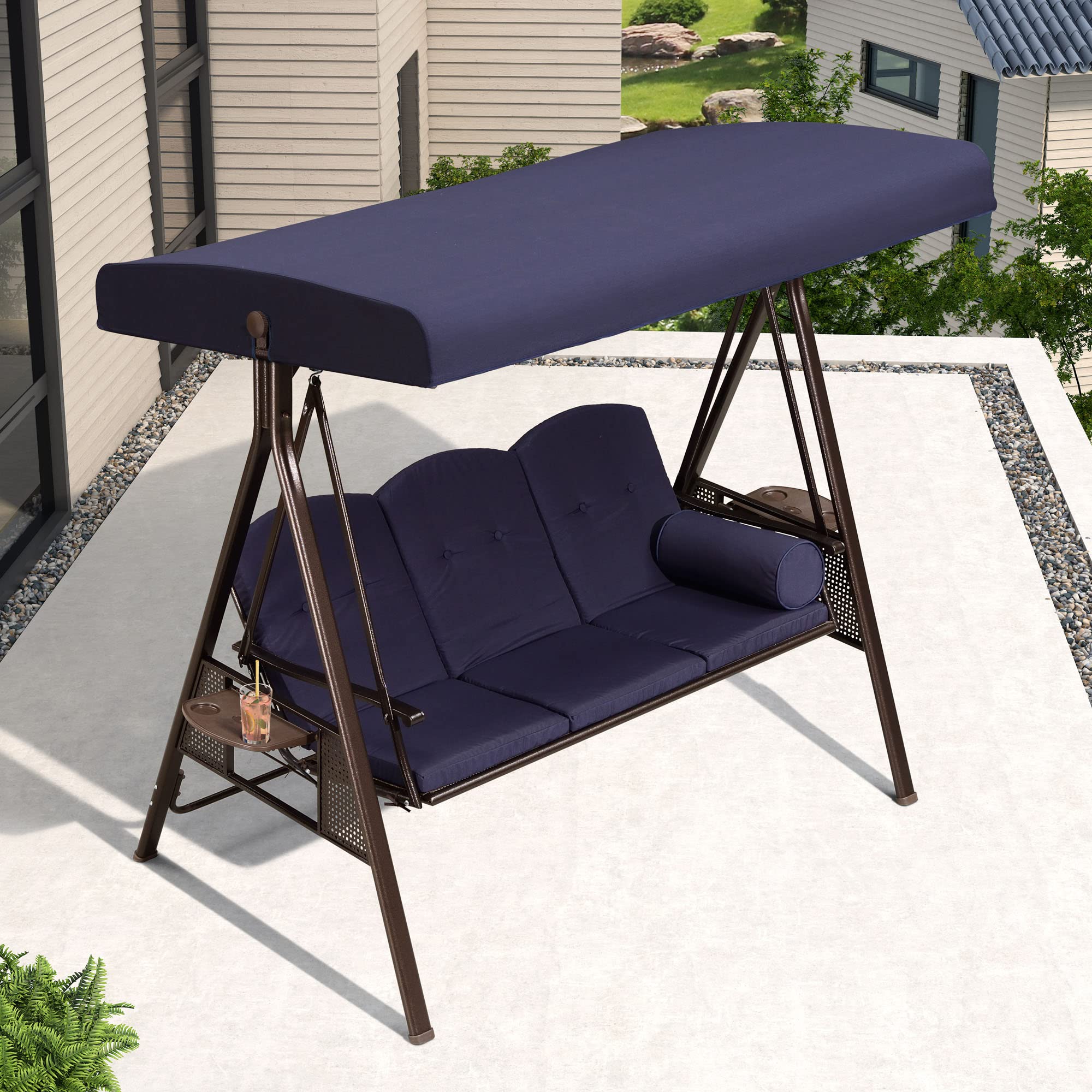 PURPLE LEAF 3-Seat Deluxe Outdoor Patio Porch Swing with Weather Resistant Steel Frame, Adjustable Tilt Canopy, Cushions and Pillow Included, Navy Blu