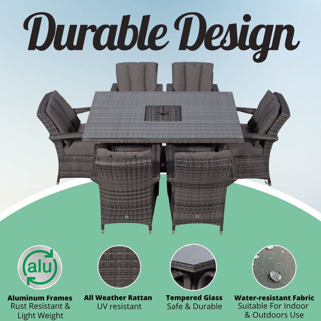 Arizona Rattan Dining Set | Luxury Rectangle 6 Seater Grey Rattan Table & Chairs Set with Ice Bucket Drinks Cooler | Outdoor Poly Rattan Garden Dining