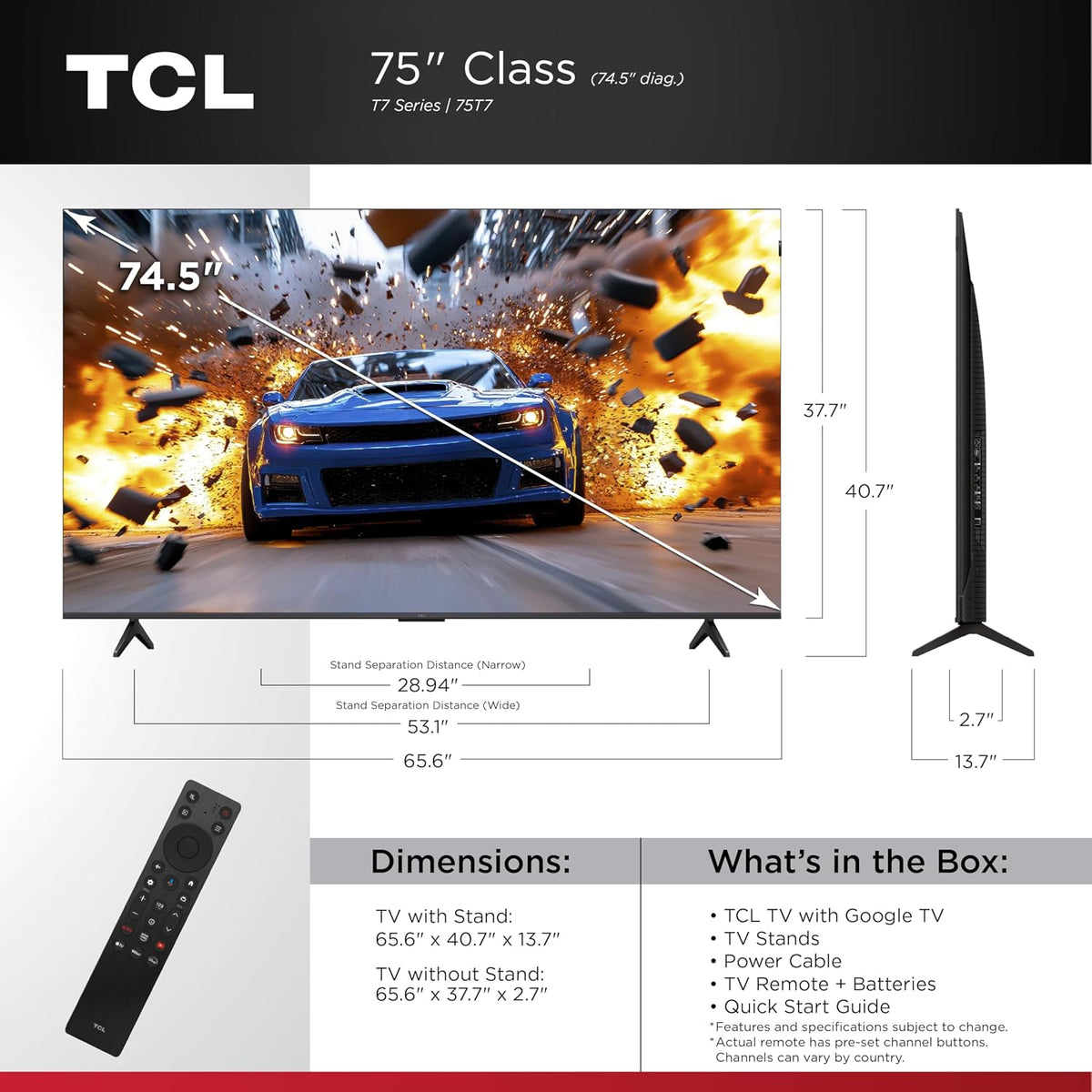 TCL 75" T7 4K QLED Google TV with 144Hz Gaming (75T7)