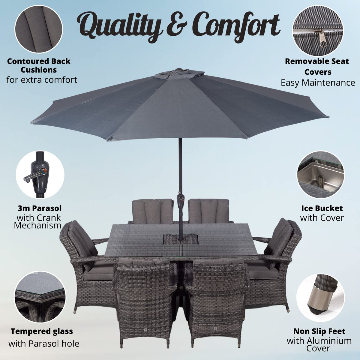Arizona Rattan Dining Set | Luxury Rectangle 6 Seater Grey Rattan Table & Chairs Set with Ice Bucket Drinks Cooler | Outdoor Poly Rattan Garden Dining