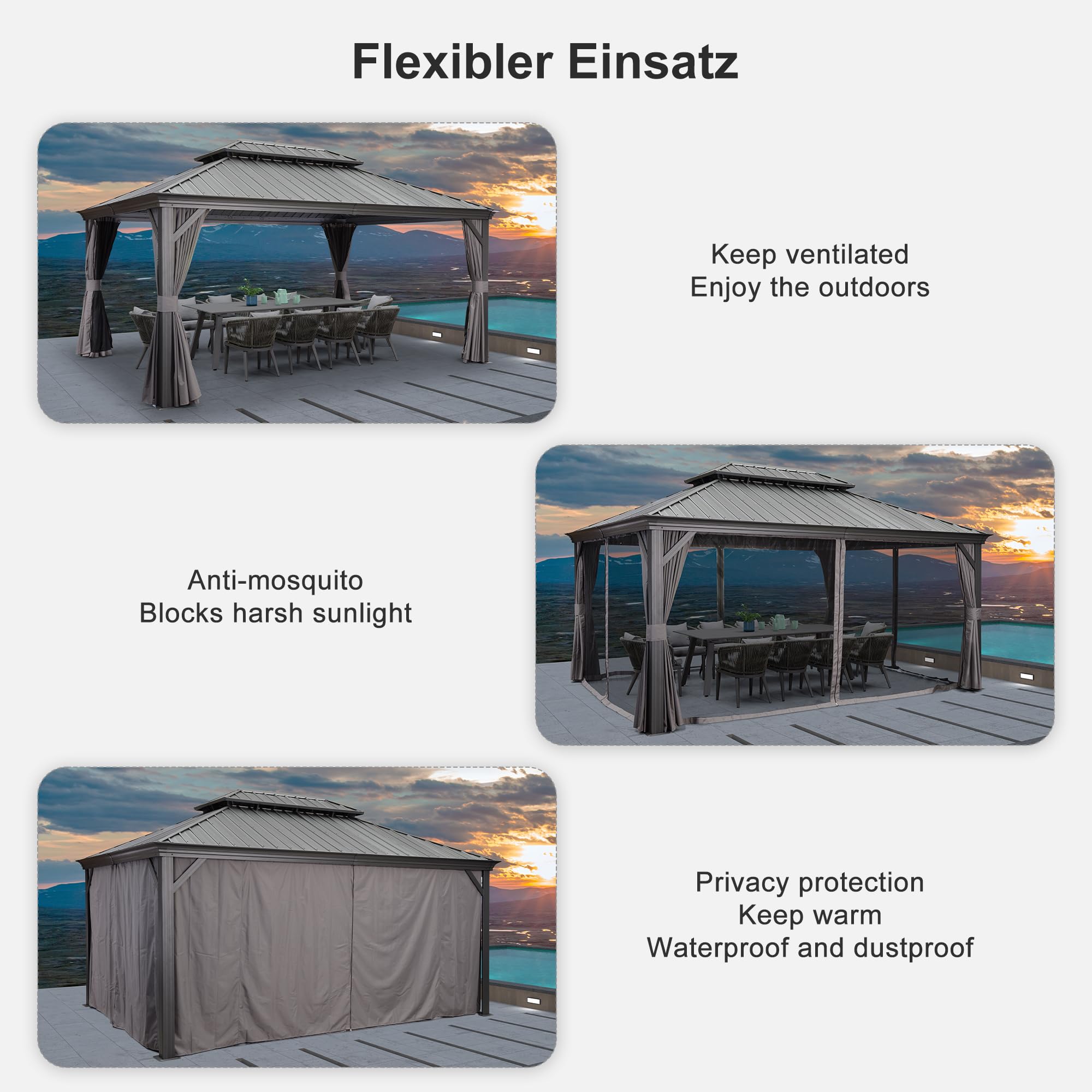 PURPLE LEAF Heavy Duty Garden Gazebo 3.65 x 4.85 m with Galvanised Steel Double Roof, Waterproof Metal Hardtop Gazebo with Side Curtain and Zipped Net