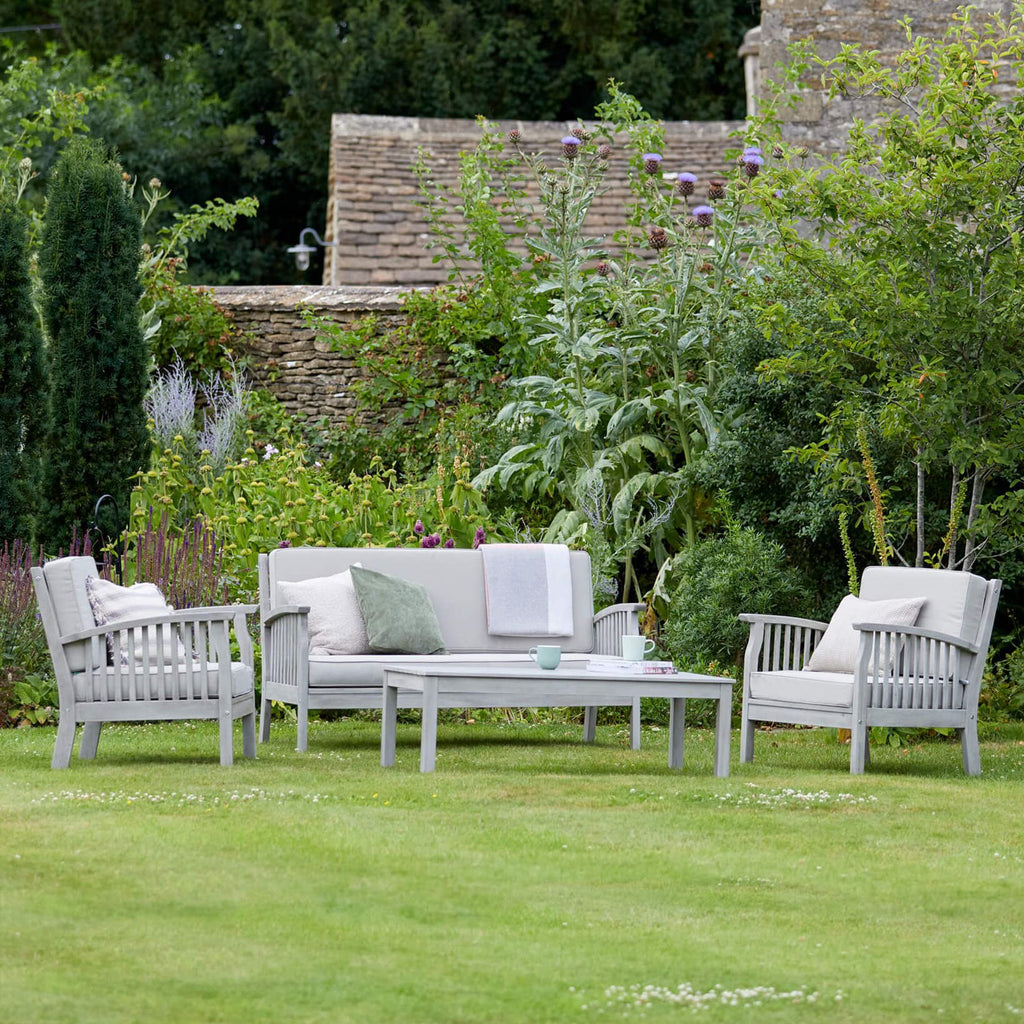 Gardenesque Patio Garden Furniture Set - Light Grey Wooden Garden Set - Repton Lounge - Outdoor Table & Chairs - Durable and Comfortable Design - With