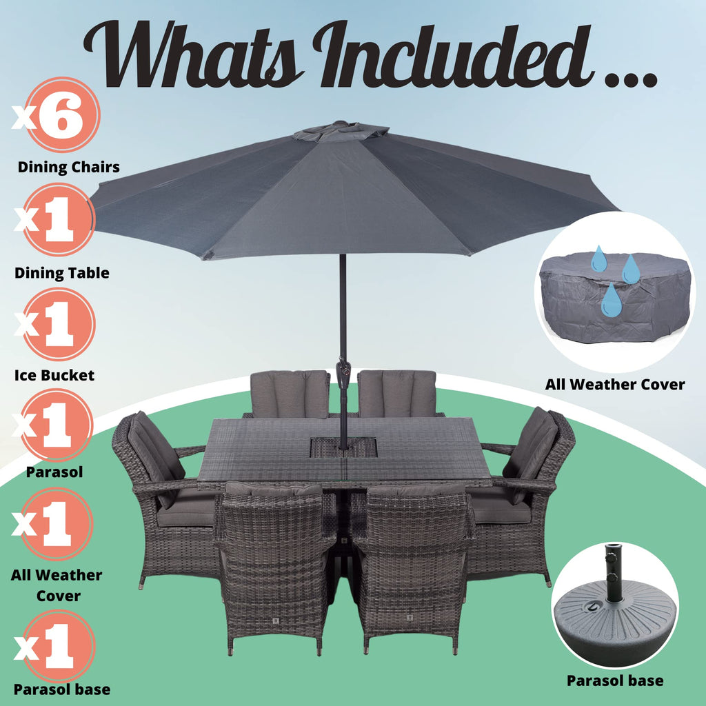 Arizona Rattan Dining Set | Luxury Rectangle 6 Seater Grey Rattan Table & Chairs Set with Ice Bucket Drinks Cooler | Outdoor Poly Rattan Garden Dining