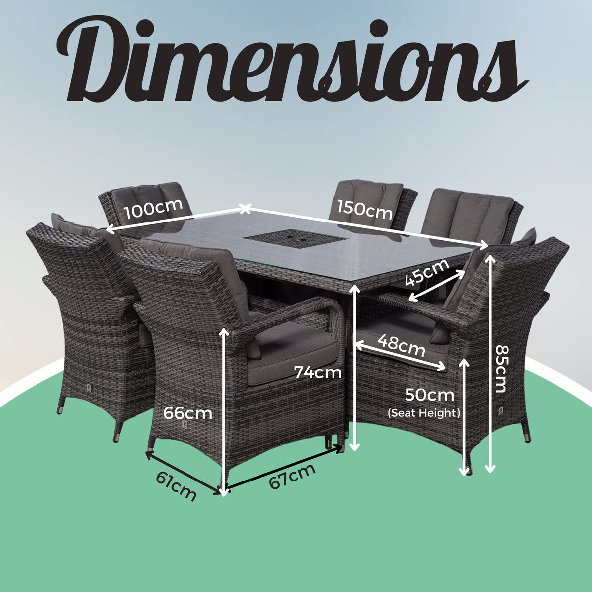 Arizona Rattan Dining Set | Luxury Rectangle 6 Seater Grey Rattan Table & Chairs Set with Ice Bucket Drinks Cooler | Outdoor Poly Rattan Garden Dining