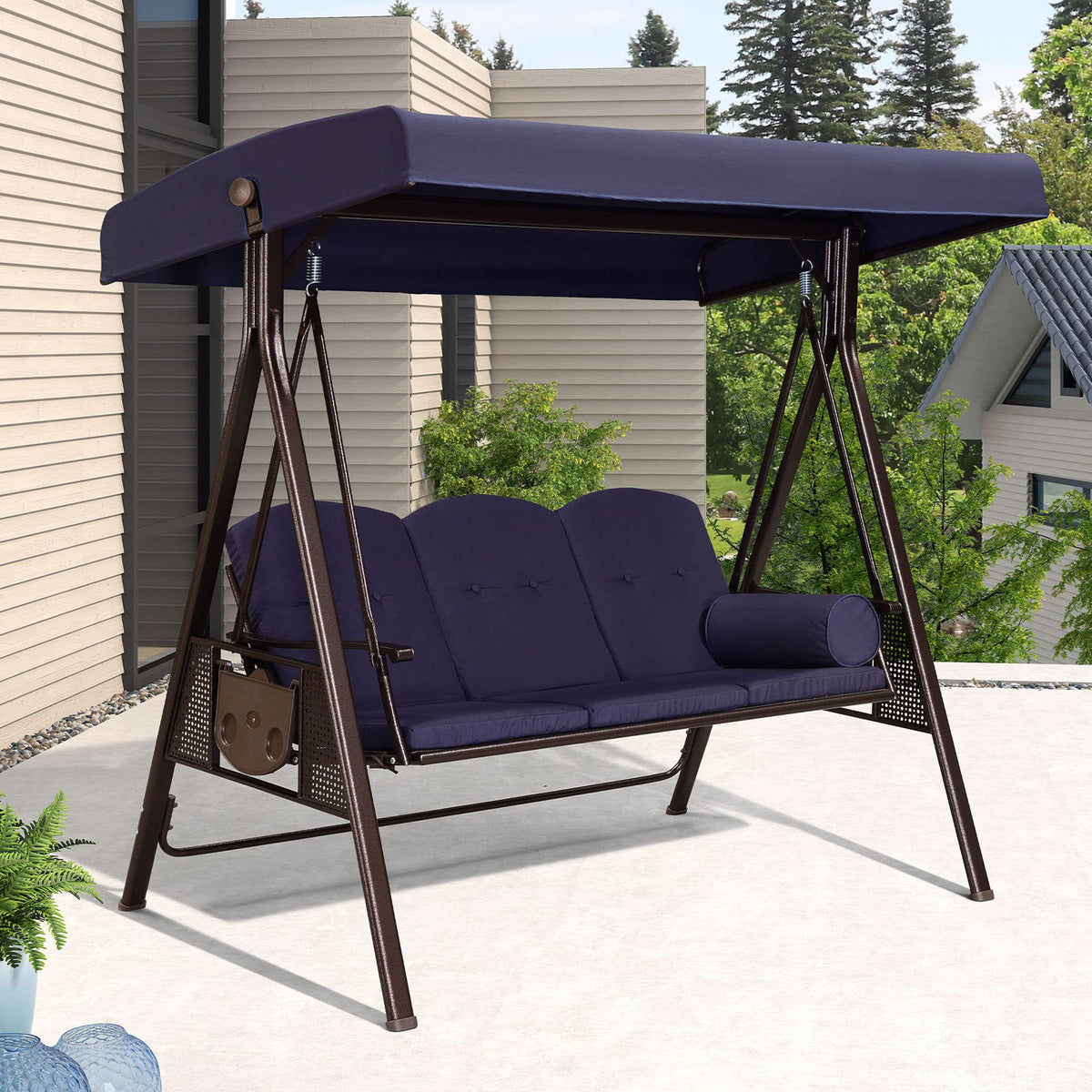 PURPLE LEAF 3-Seat Deluxe Outdoor Patio Porch Swing with Weather Resistant Steel Frame, Adjustable Tilt Canopy, Cushions and Pillow Included, Navy Blu