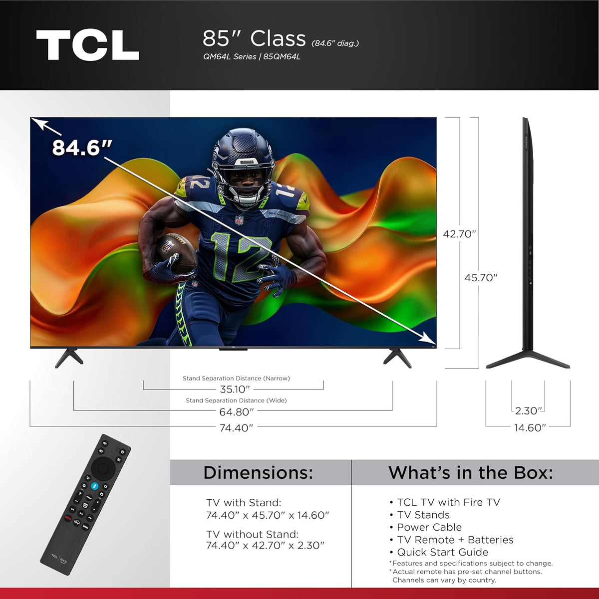 TCL 85-Inch QM64L Series | Mini LED QLED 4K HDR Gaming TV for Sports & Movies | 85QM64L, 2026 | 144Hz VRR, Dolby Vision Atmos, Alexa+ Voice Remote
