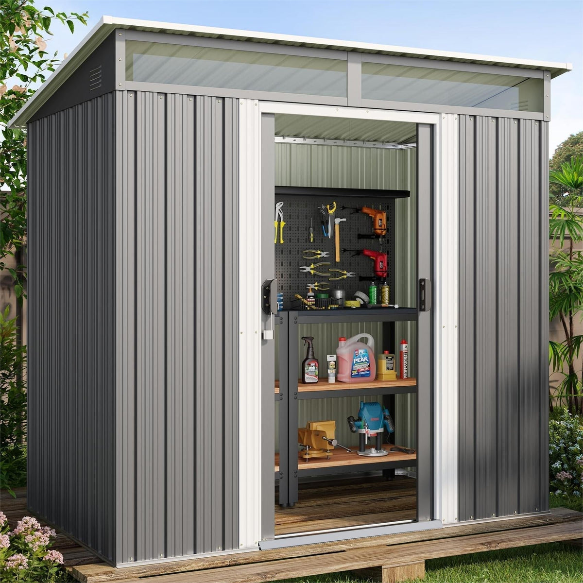 Lofka Outdoor Storage Shed with Sliding Doors, 6x4" Metal Garden Shed with Transparent Panel Windows for Patio & Lawn, Gray - Walmart.com